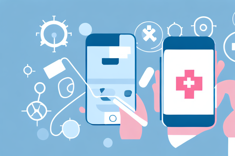 Two smartphones in hands with medical app icons, surrounded by health-related illustrations on a blue background.