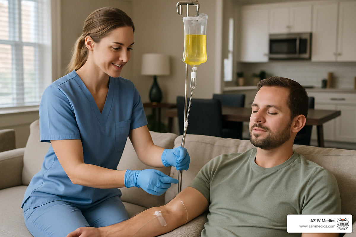 Nurse administering IV to a patient on a couch in a home setting.