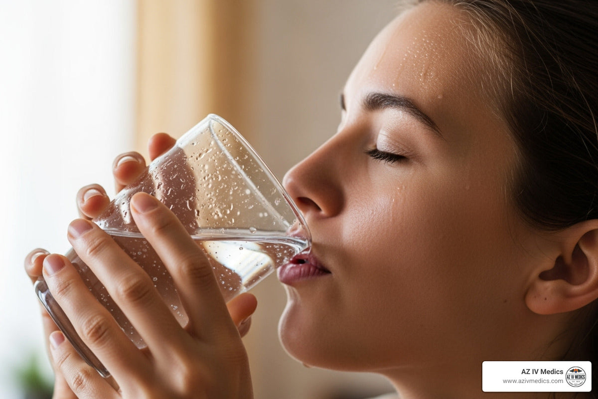 Woman drinking water from a clear glass, eyes closed, indoors.
