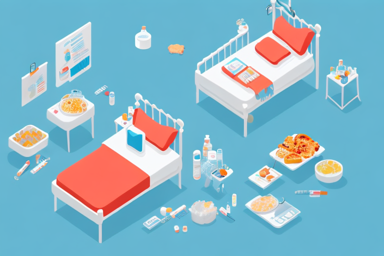 Two hospital beds with medical supplies on a blue background. One bed is occupied.