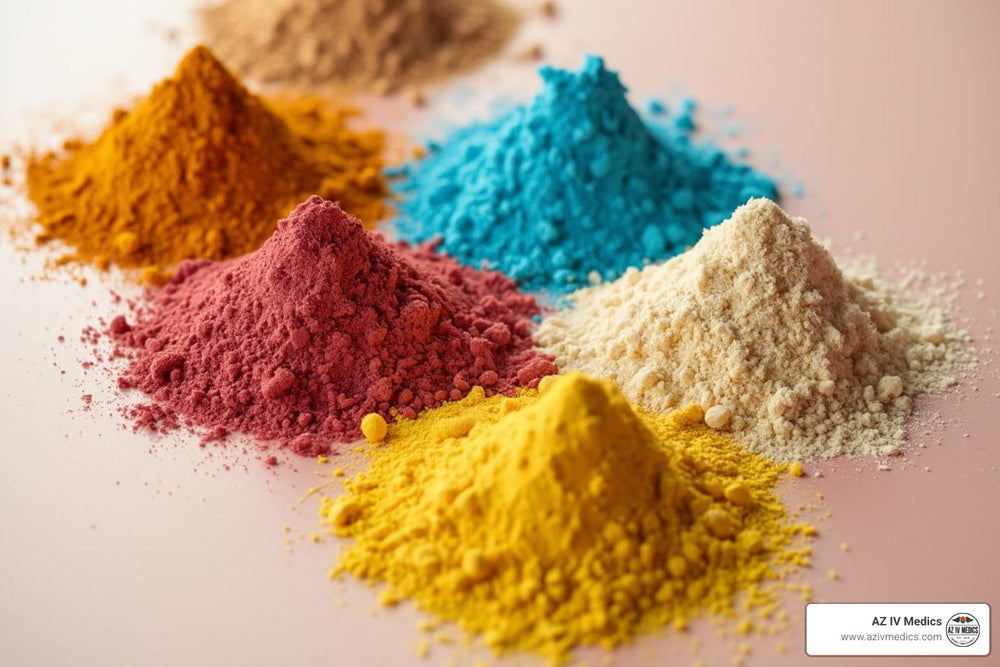 Piles of brightly colored powders: orange, pink, blue, yellow, white, and brown on a pink surface.