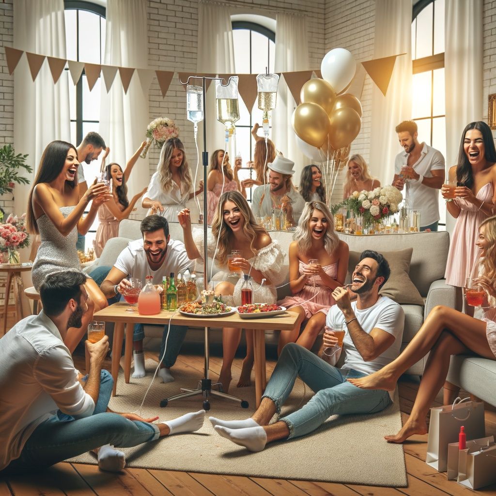 Group of people celebrating, some with IV drips, laughing in a decorated room with balloons and drinks.