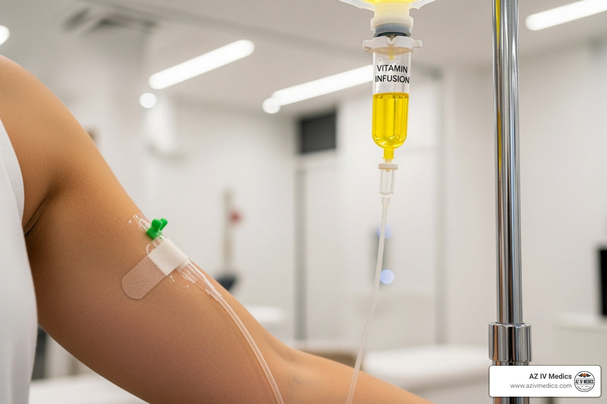 Arm with IV drip, receiving yellow liquid in medical setting.