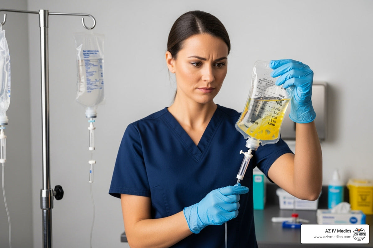 Nurse in blue scrubs examines IV bag with yellow liquid, hospital setting.