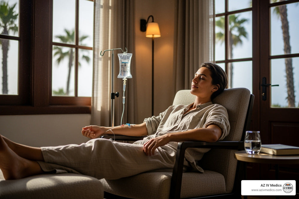 Woman relaxing in chair, receiving IV drip in a room with a sunny window and palm trees.