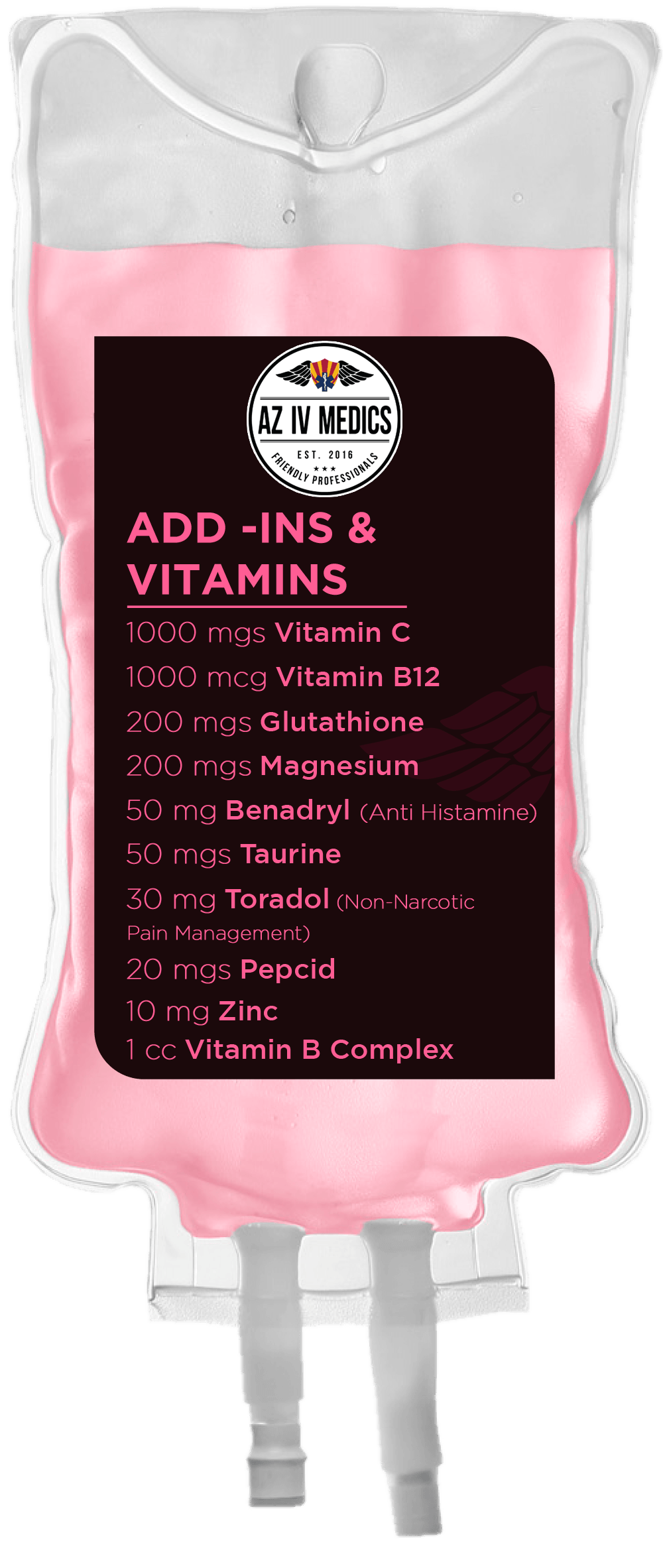 IV drip bag filled with pink liquid, labeled