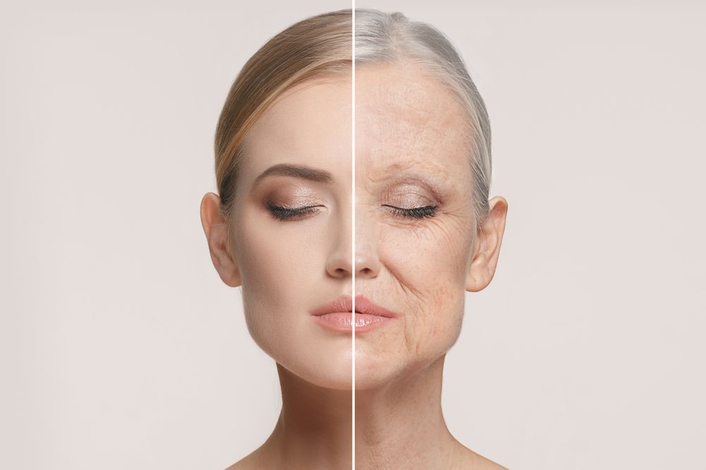 Woman's face split vertically; one side smooth, youthful; the other side shows aged skin with wrinkles.