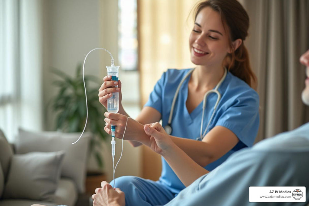 Nurse adjusts IV drip for a patient indoors; both are smiling.