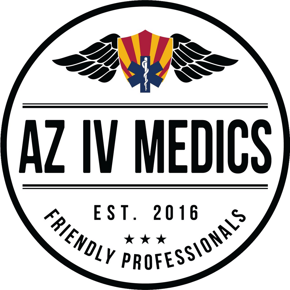 Logo for AZ IV Medics: a black circle with a red and blue Arizona flag emblem with wings and a medical symbol, text reads
