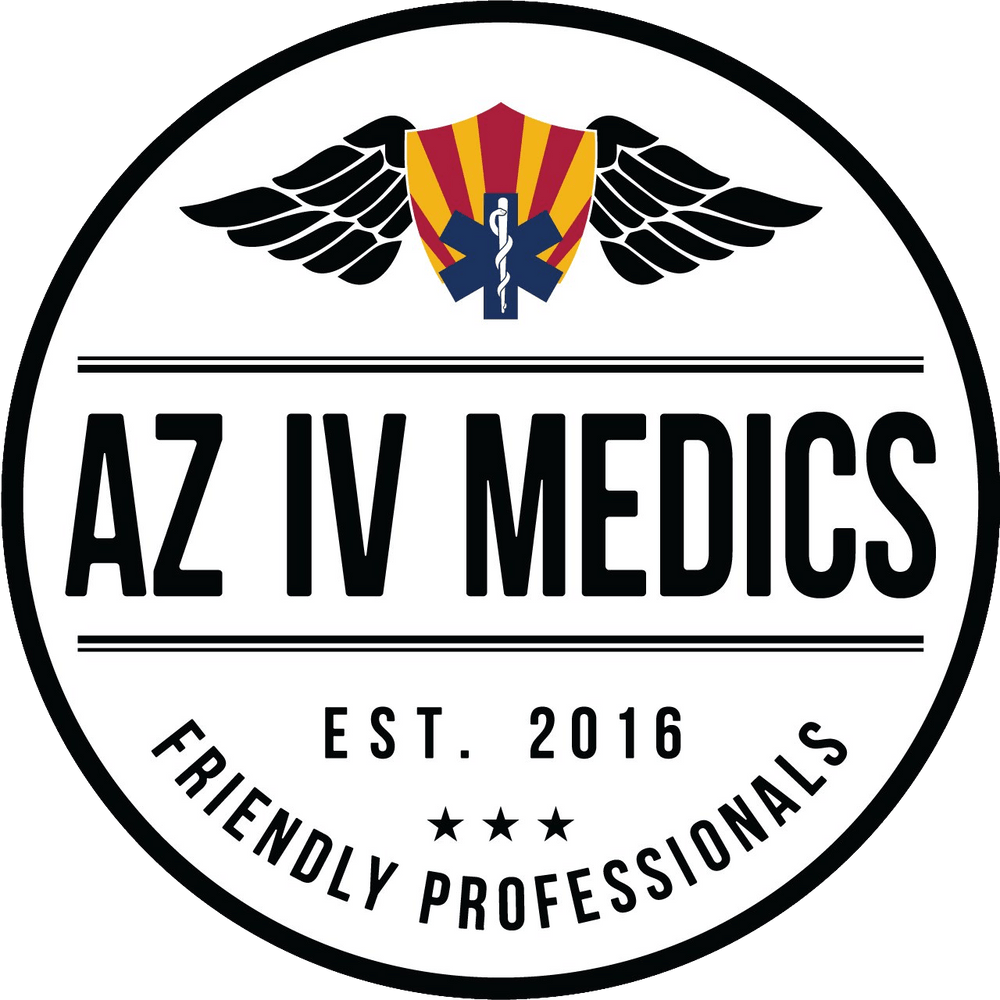 Logo for AZ IV Medics: Shield with Arizona flag, wings, medical symbol. Text: