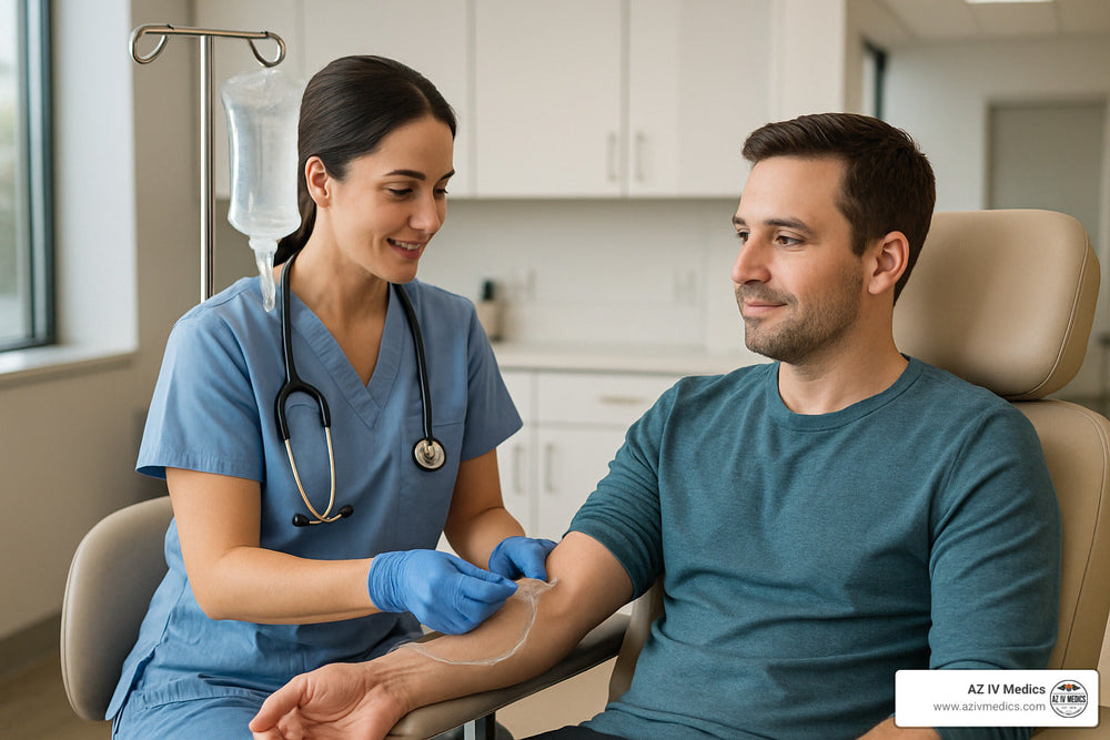 Nurse administering IV to a patient in a medical setting.