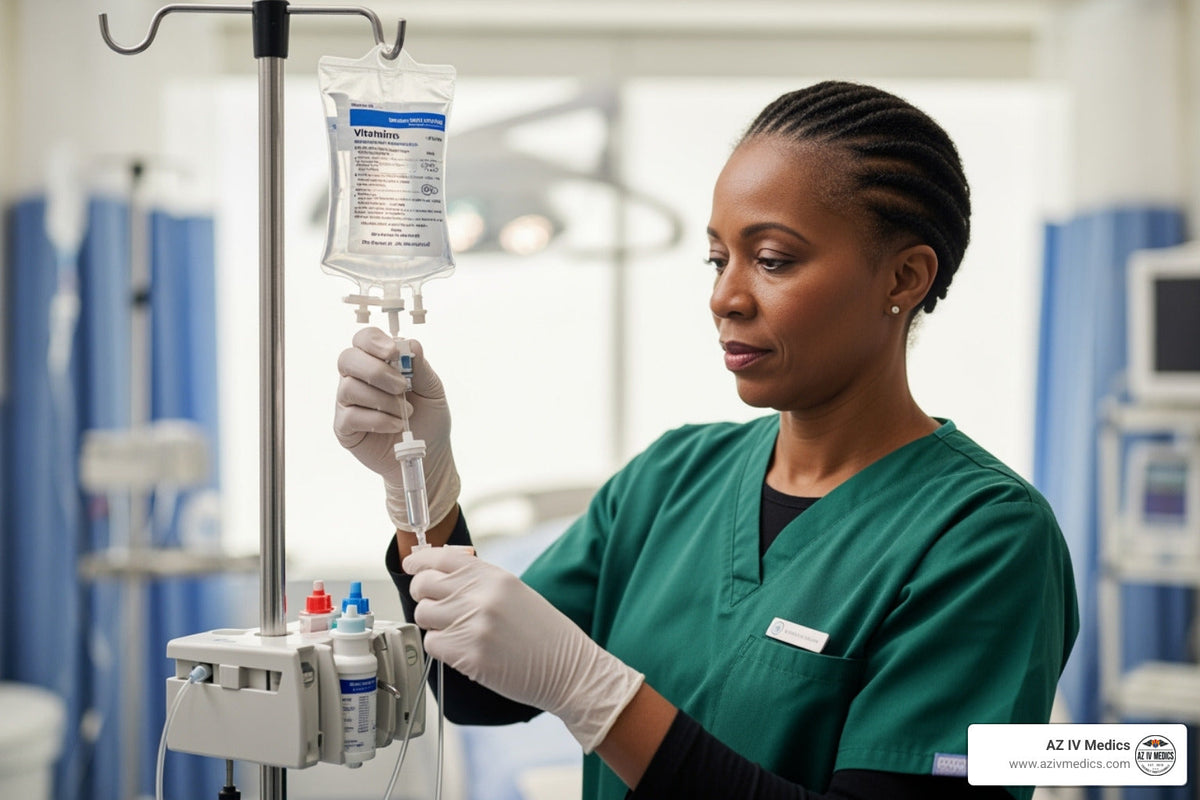 Nurse in green scrubs adjusts IV drip in a hospital room.