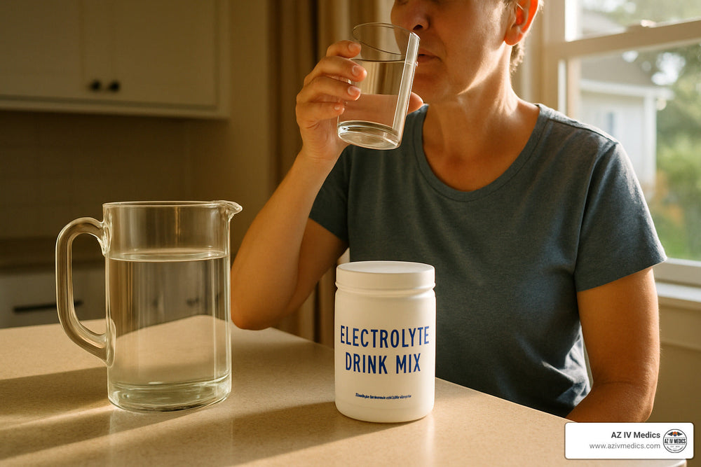 Woman drinking water, pitcher, and electrolyte mix on table near a window.