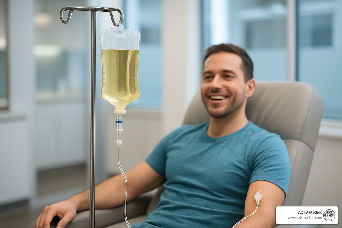 Man receiving IV fluids, smiling, sitting in a chair. Yellow liquid bag hangs from pole in a medical setting.