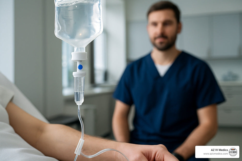 IV drip in patient's arm; doctor in blue scrubs watches.