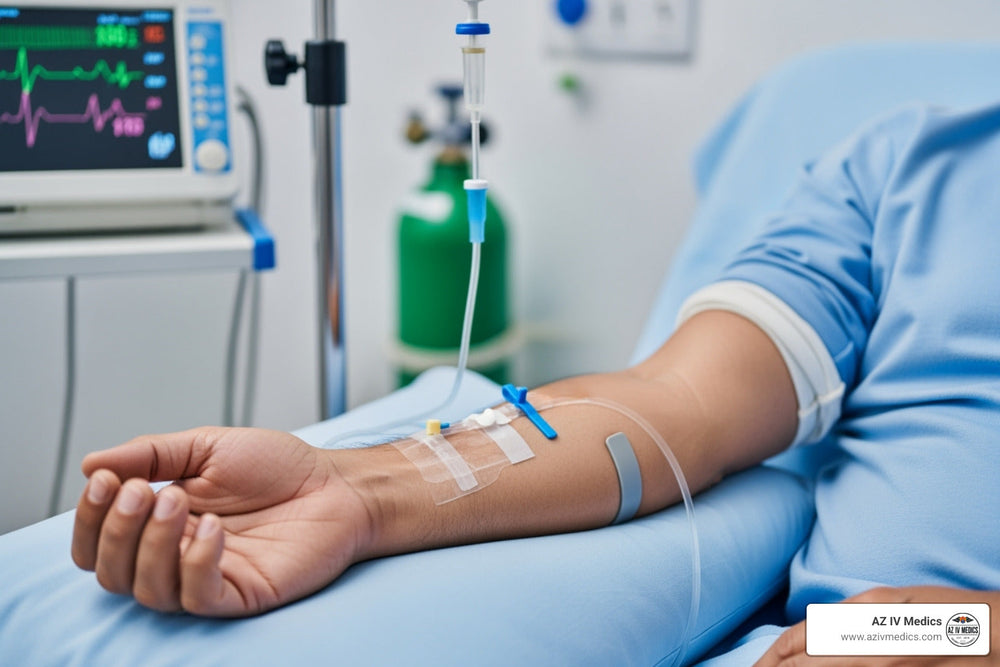 Person in hospital bed with IV drip in arm, connected to a stand with monitor in background.