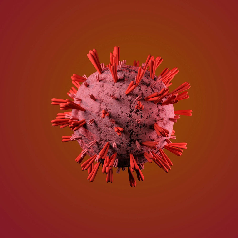 Red and brown 3D rendering of a coronavirus particle with spike proteins, against a gradient red background.