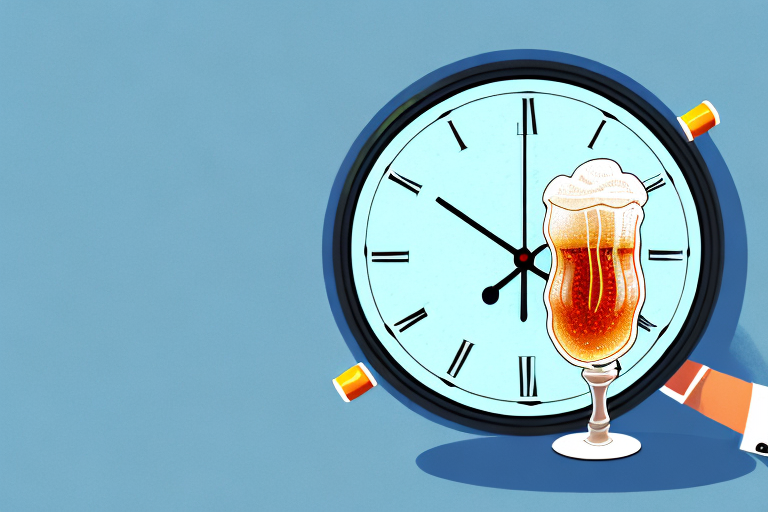 Clock with a frothy drink; a hand is holding the glass. Blue background.
