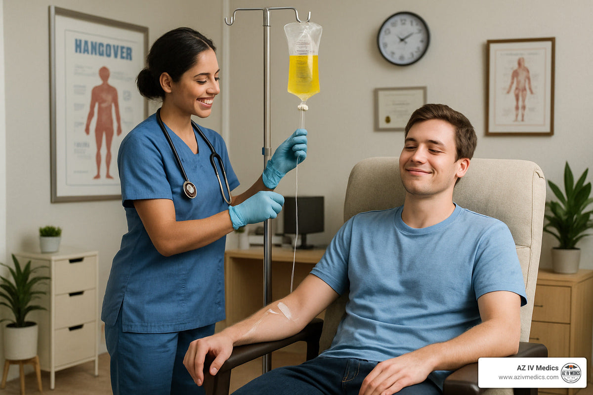 Nurse administering IV to patient in a medical setting.