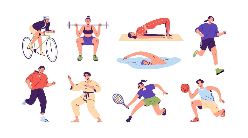 People doing various exercises: cycling, weightlifting, yoga, running, swimming, martial arts, tennis, basketball.