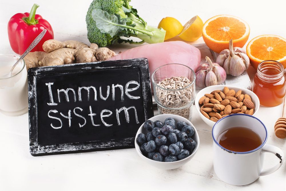 Food items promoting a healthy immune system: red pepper, ginger, garlic, citrus, berries, and tea.