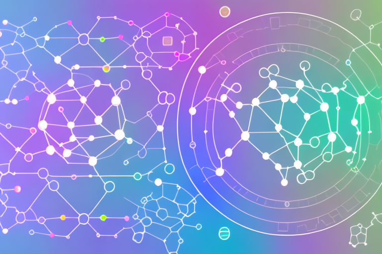 Abstract network diagram in shades of purple, blue, green, and pink with connected dots and lines.