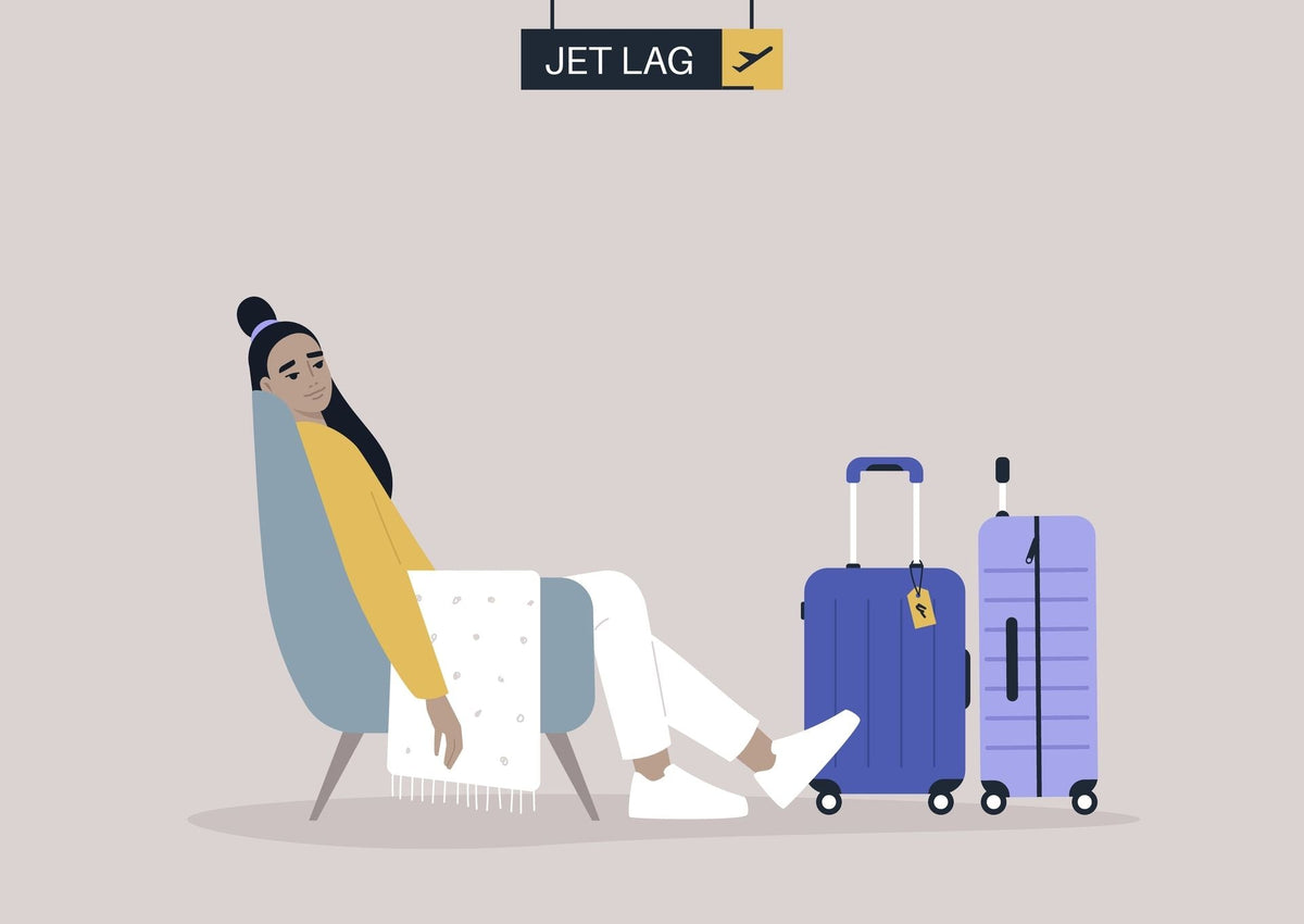 Person in an armchair with jet lag, resting with luggage at an airport.