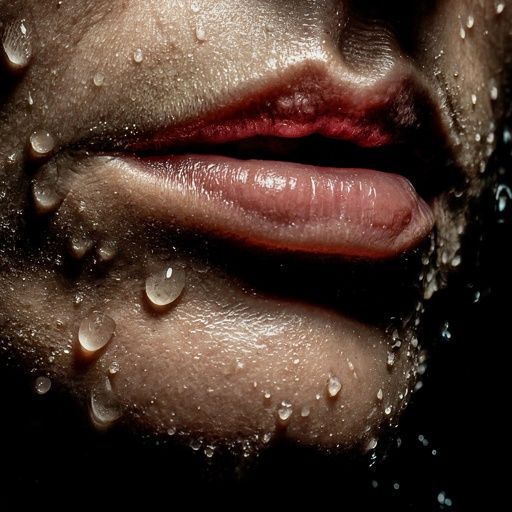 Close-up of lips with water droplets; wet skin, pink lips against dark background.
