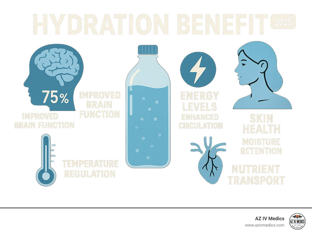 Infographic highlighting hydration benefits: improved brain function, energy levels, skin health, temperature regulation, and nutrient transport.