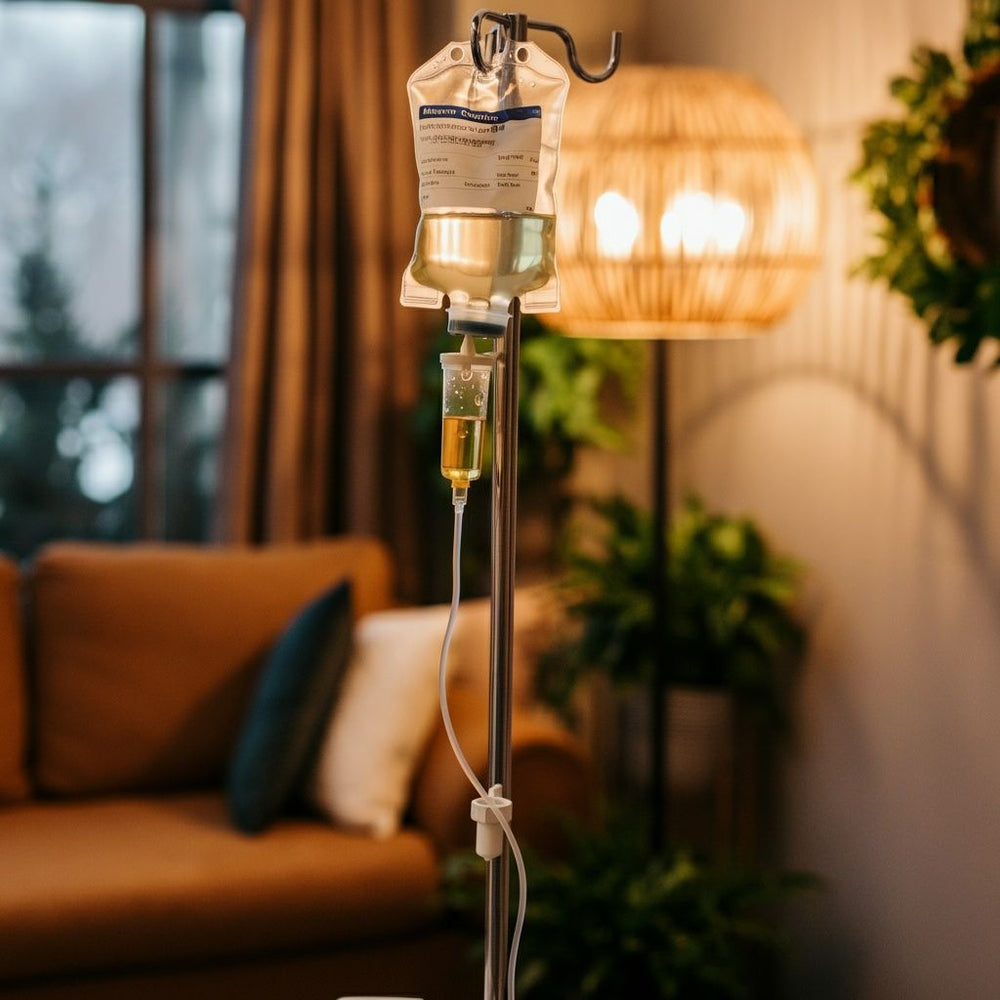 IV drip bag hanging on a stand in a cozy living room setting.