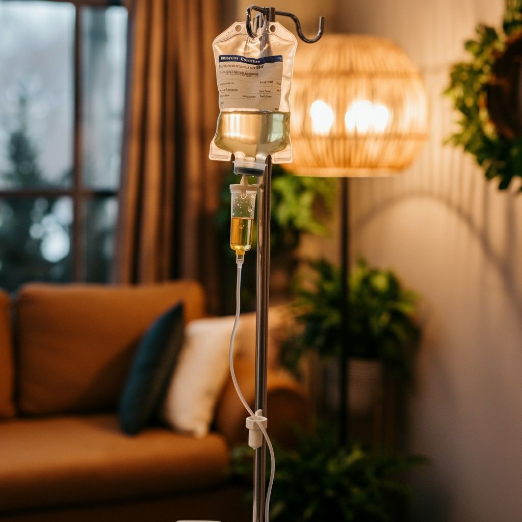 IV drip bag hanging on a stand in a cozy living room setting.