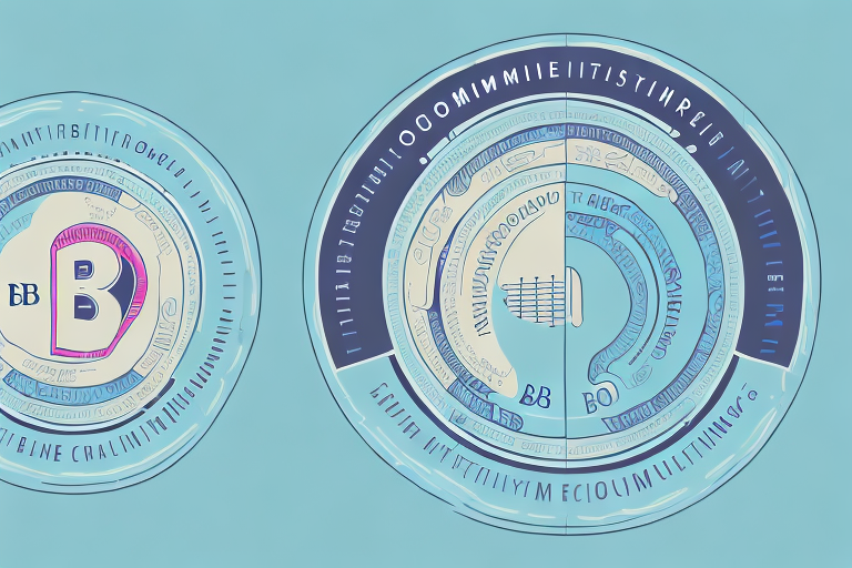 Two circular diagrams, blue and white, with text and a letter
