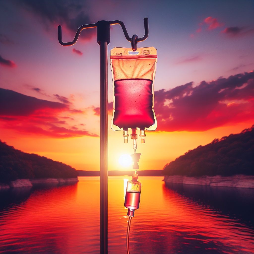 IV bag with reddish liquid hanging on a stand, sunset over a lake in background.
