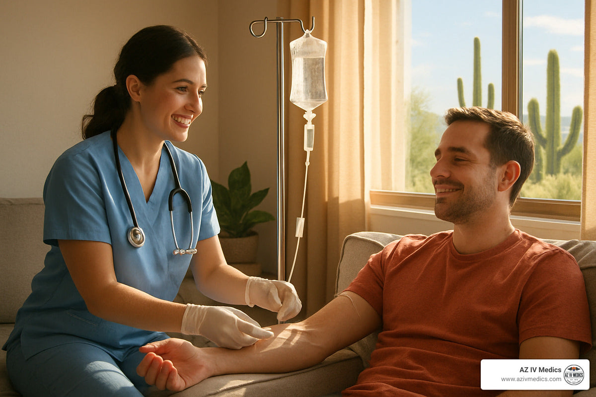 Nurse administering IV to patient in a well-lit room, patient smiling.