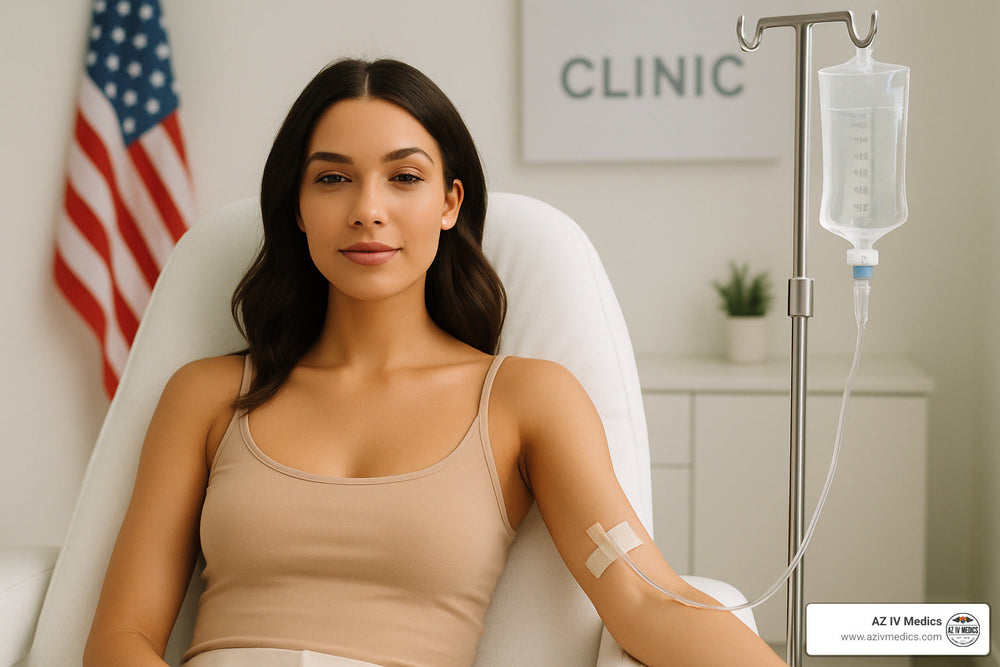 Woman receiving IV fluids in a clinic, sitting in chair. American flag in background.