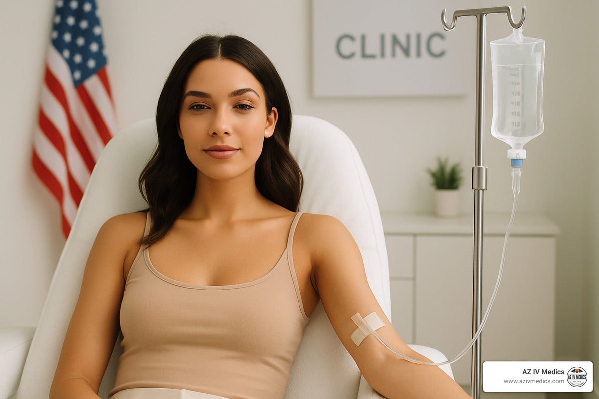 Woman receiving IV fluids in a clinic, sitting in chair. American flag in background.