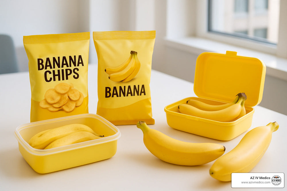 Yellow banana-themed snacks: banana chips and bananas in containers, alongside loose bananas, against a white table and background.