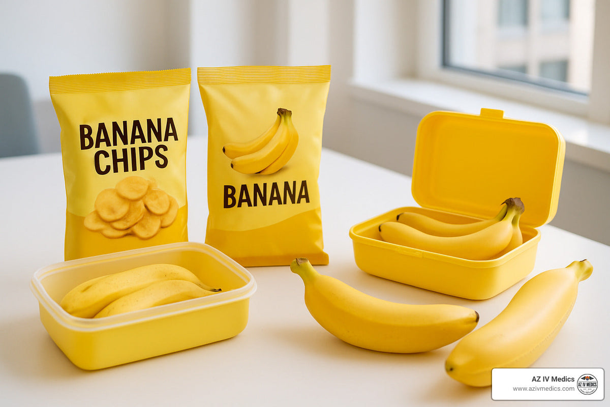 Yellow banana-themed snacks: banana chips and bananas in containers, alongside loose bananas, against a white table and background.