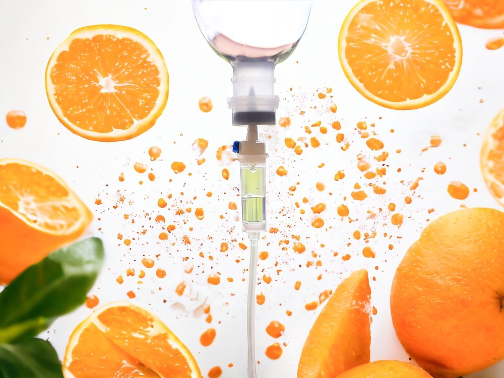 IV bag dripping into oranges and juice splatter; white background.