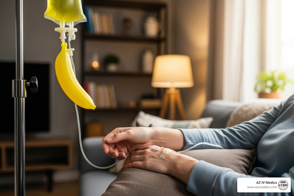 Person receiving an IV drip. A banana holds the fluid bag in a living room.