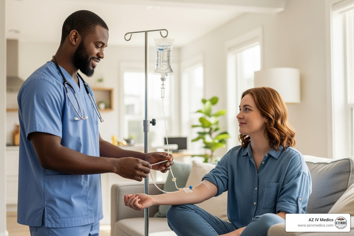 Nurse administering IV to a person at home, smiling; light-filled room.