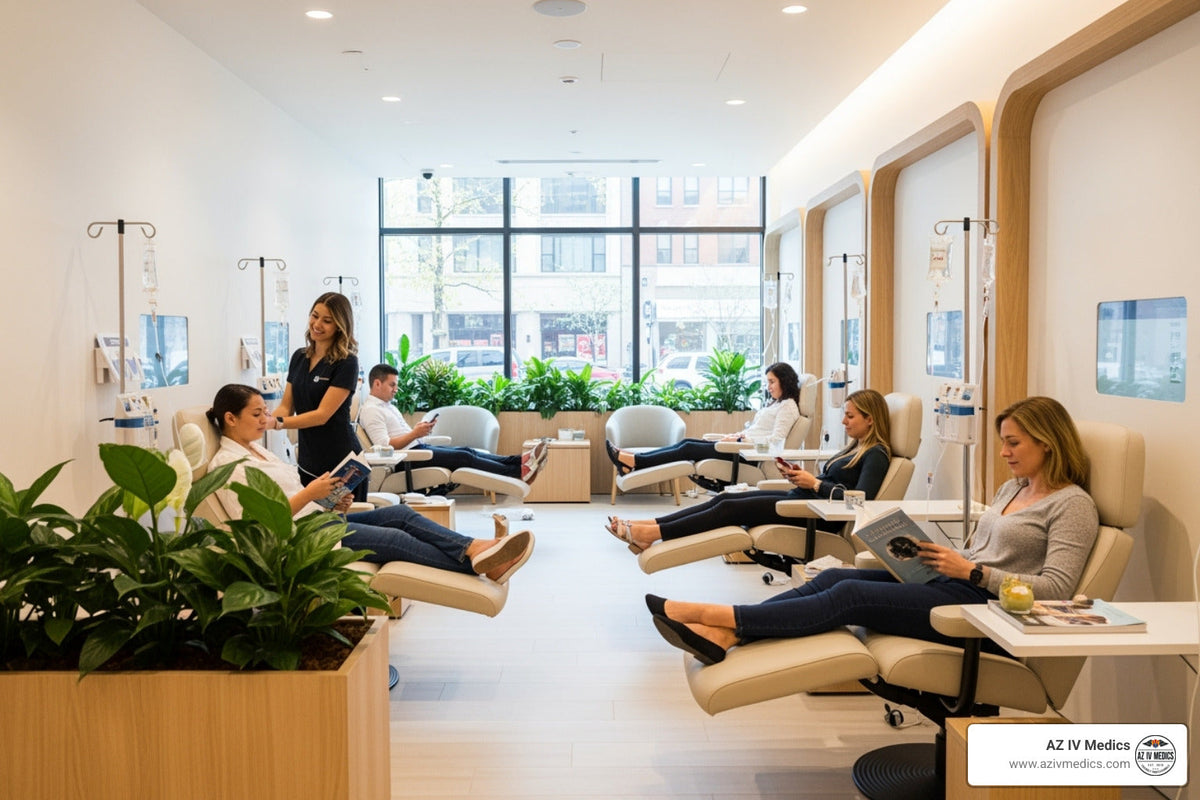 People receiving IV infusions in a modern, light-filled wellness clinic.