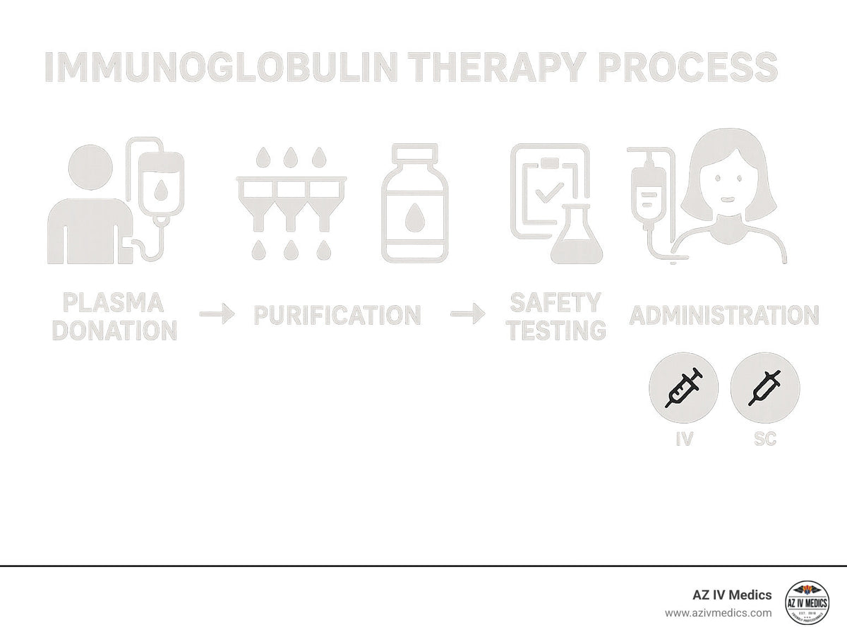 Immunoglobulin therapy process: plasma donation, purification, safety testing, and administration via IV or SC injection.