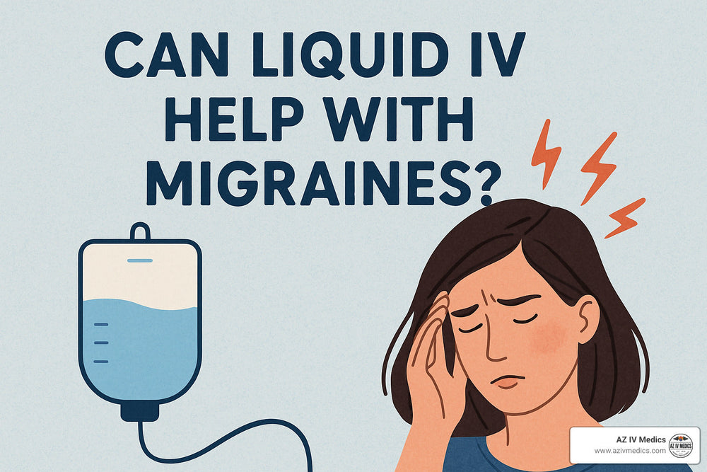 Woman with migraine touching forehead, question: