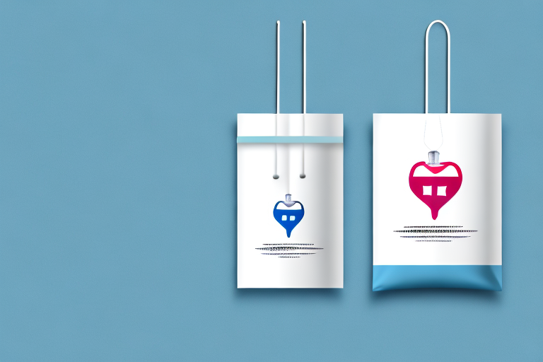 Two white shopping bags with a heart-shaped house logo, one blue and one pink, on a blue background.