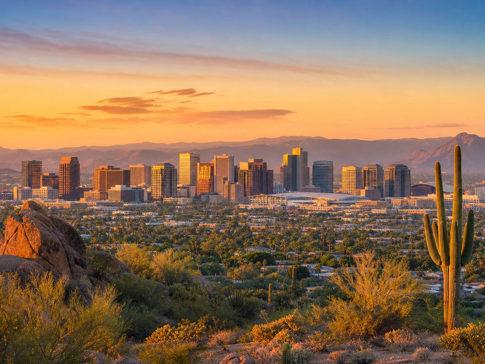 Phoenix skyline and Sonoran Desert at golden hour during hot weather