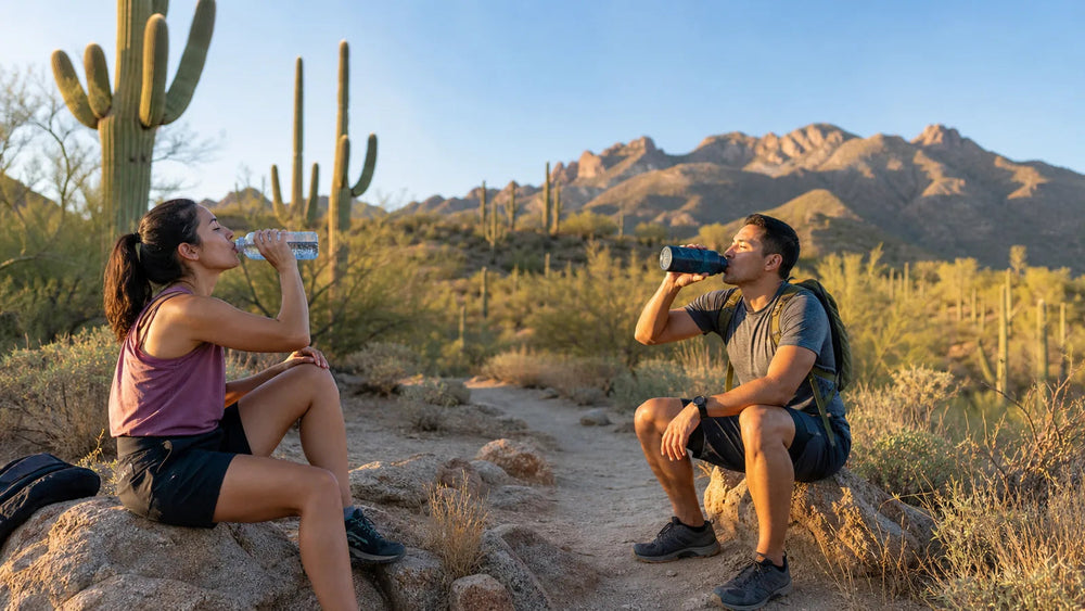 Tucson desert trail hydration scene near saguaro cactus
