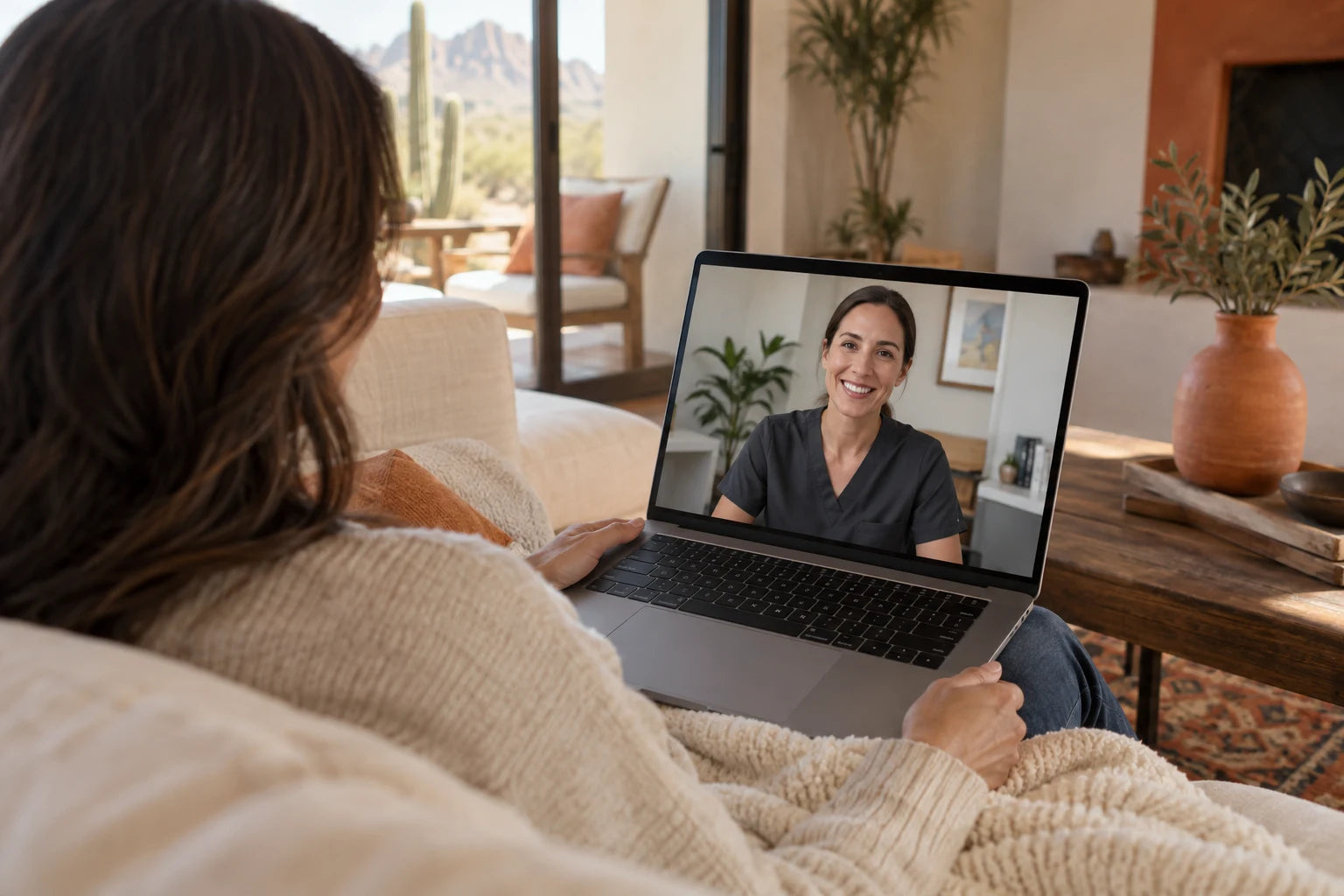 Illustration of a patient connecting with a healthcare provider by video from home