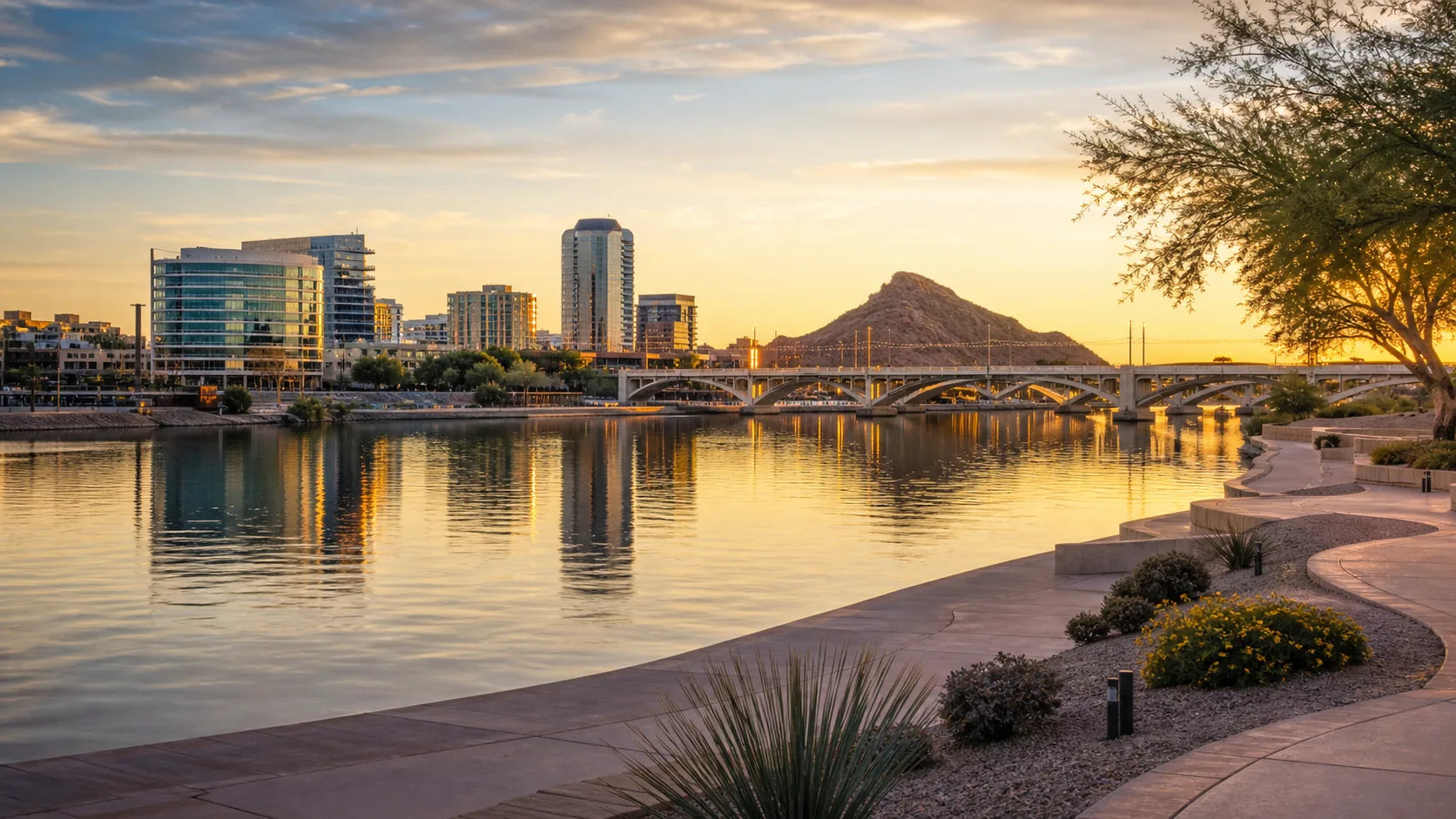 Tempe Town Lake, Mill Avenue bridges, A Mountain, and the Tempe skyline at golden hour